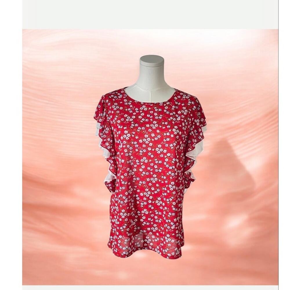 New Cure red floral ruffle-sleeve blouse Large